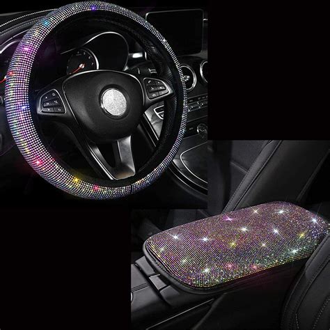 Bling Car Accessories Set - Pack of 5 - Rhinestone Steering Wheel Cover, Diamond Soft Seat Belt Shoulder Pads, Sparkle Car Armrest Cover, Car Gear Shift Cover for Women, Gift Box (Multi-Colored) 33PCs Bling Black Car Accessories Set for Women,Rhinestone Steering Wheel Cover, Diamond Door Sticker, Sparkle Car USB Charger, Hooks, Vent Outlet Trim. . Bling car accessories